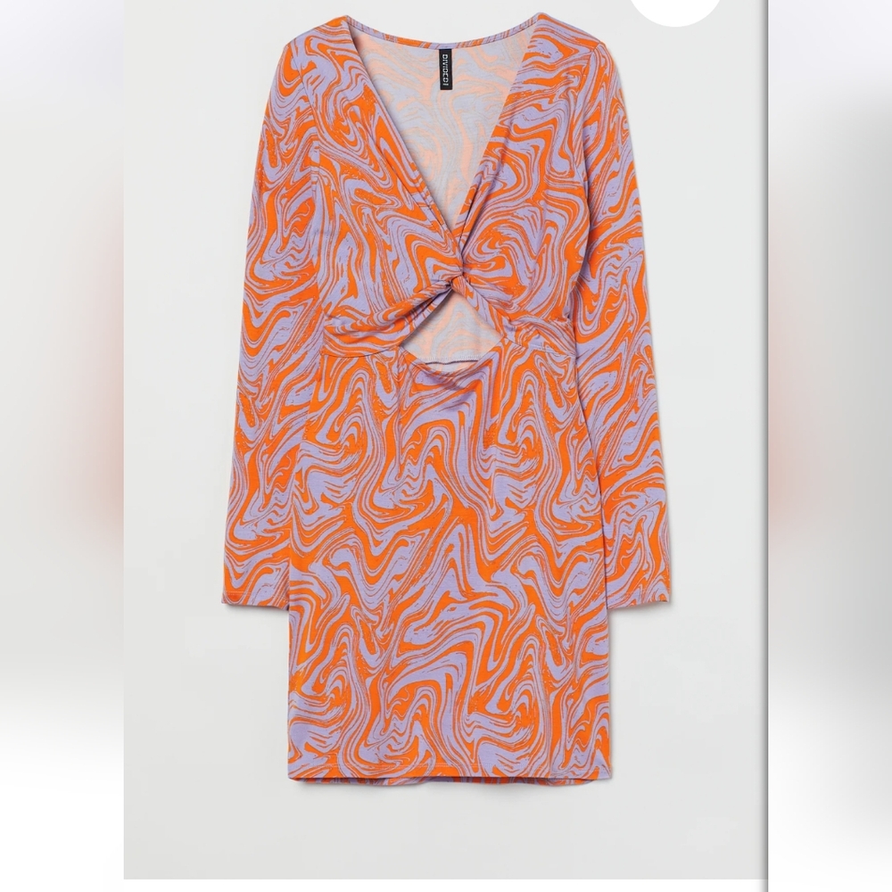 H&M Body Con Front Cut Out Swirl Purple/orange Long Sleeve Dress, Size Med